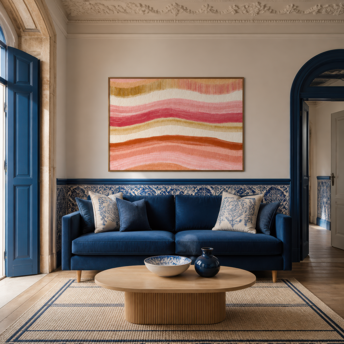 Woven wave band artwork above a navy sofa with floral wallpaper and a round wood table