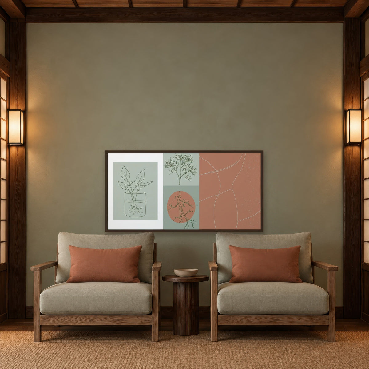 Sage and Clay Botanical Panel japandi wall art in a den