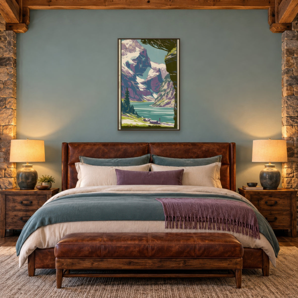 Alpine Lake Retro Poster landscape wall art in a bedroom