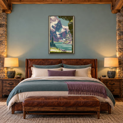 Alpine Lake Retro Poster landscape wall art in a bedroom