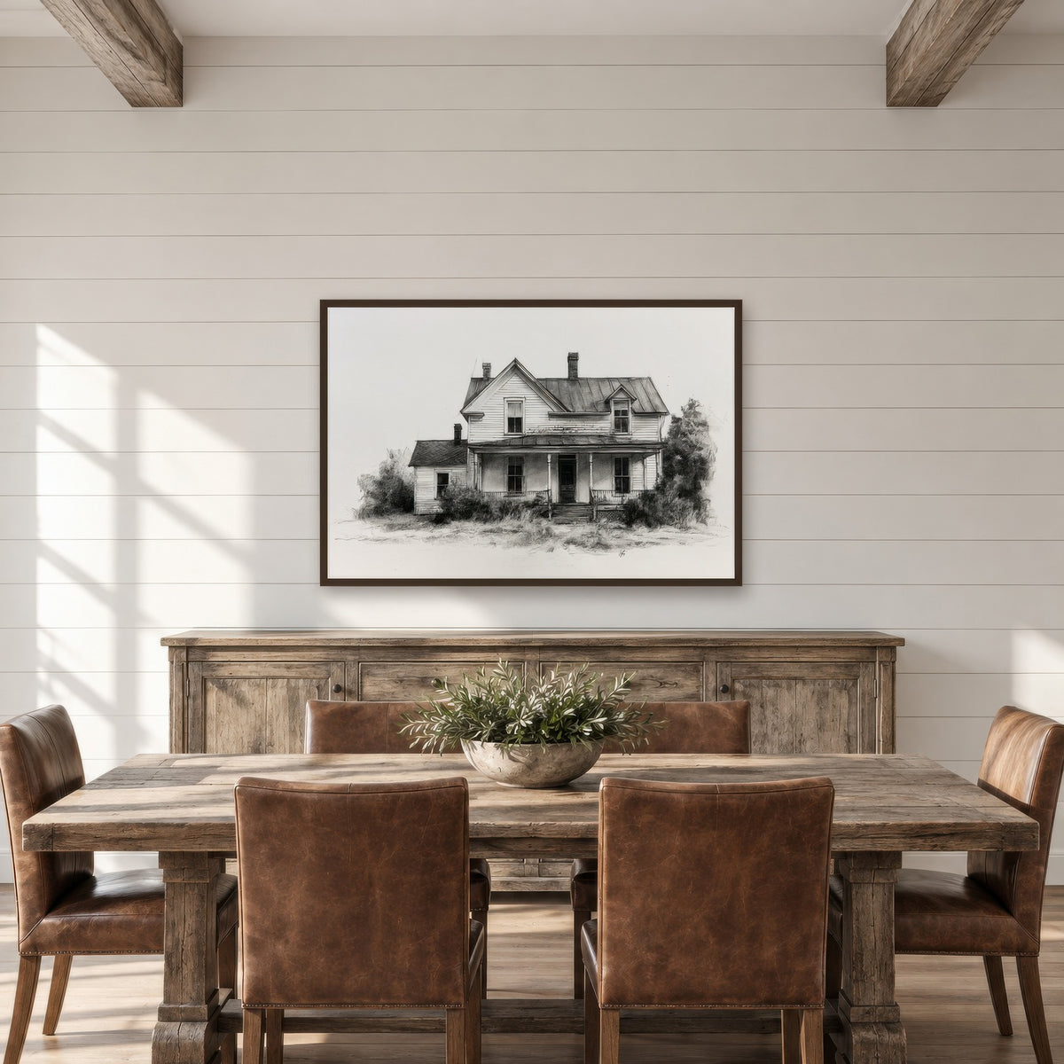Abandoned Farmhouse Sketch farmhouse wall art in a dining room