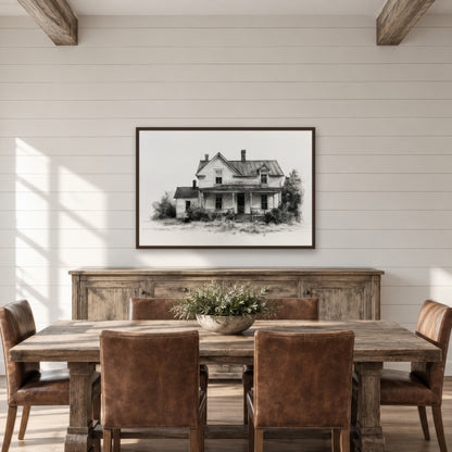 Abandoned Farmhouse Sketch farmhouse wall art in a dining room