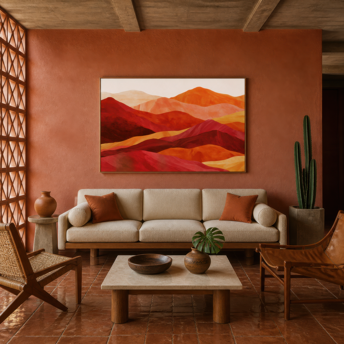 Layered Mountain Ridges in Red and Orange – Boho Wall Art