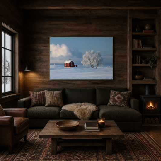 Red Cottage in Snowy Field wall art print, alternate room view