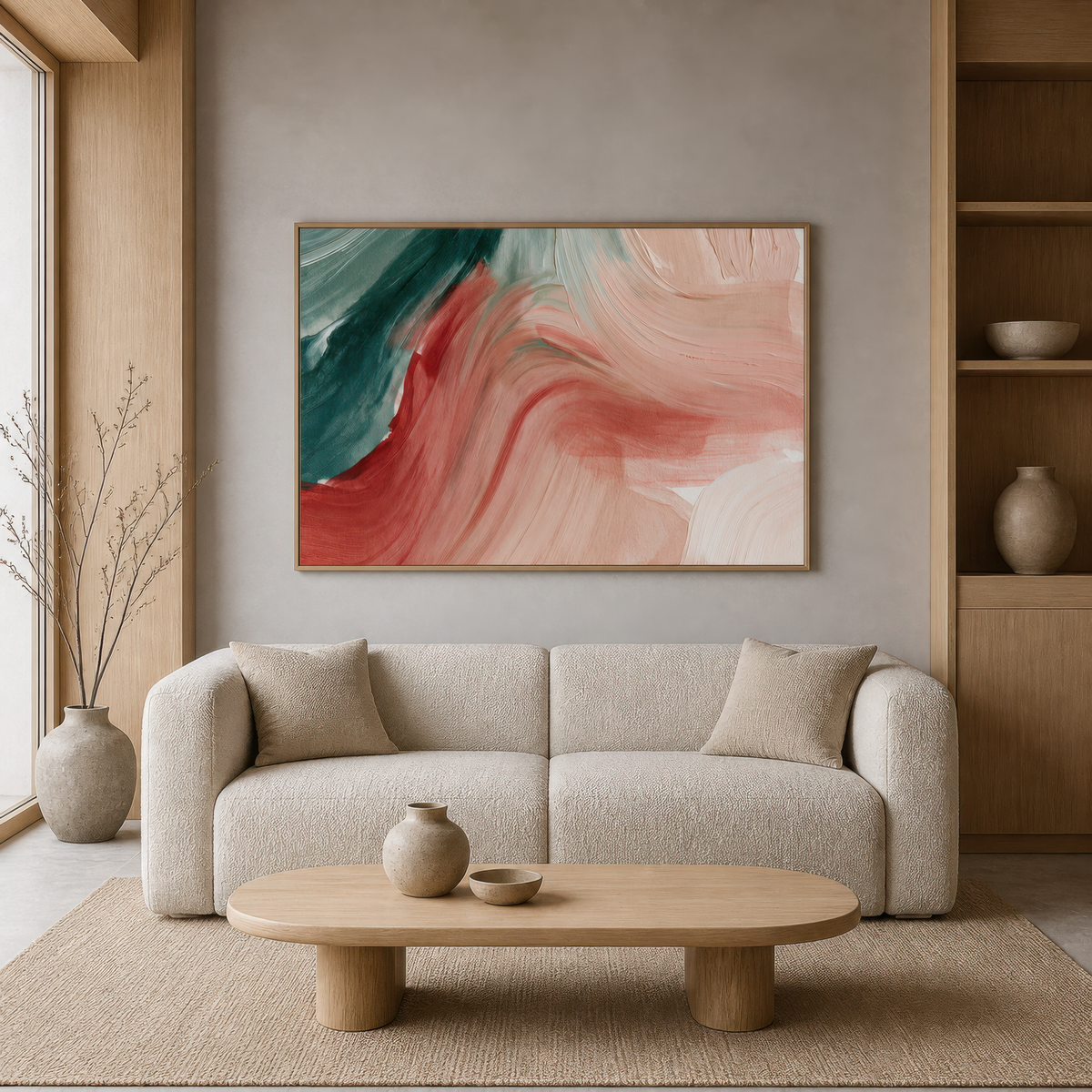 Flowing brushstroke abstract above a cream sofa with an oval pale wood coffee table