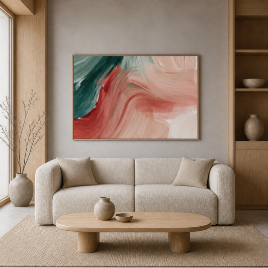 Flowing brushstroke abstract above a cream sofa with an oval pale wood coffee table