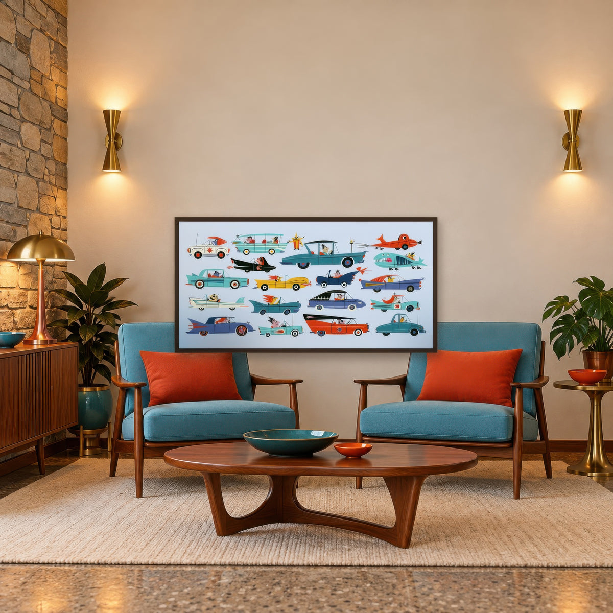 Whimsical Retro Cars Illustration mid-century modern wall art in a den