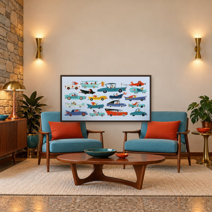 Whimsical Retro Cars Illustration mid-century modern wall art in a den