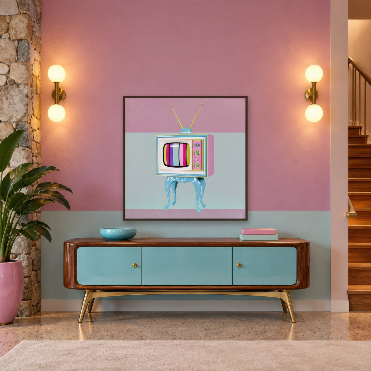 Retro TV Color Bars Illustration mid-century modern wall art in an entryway