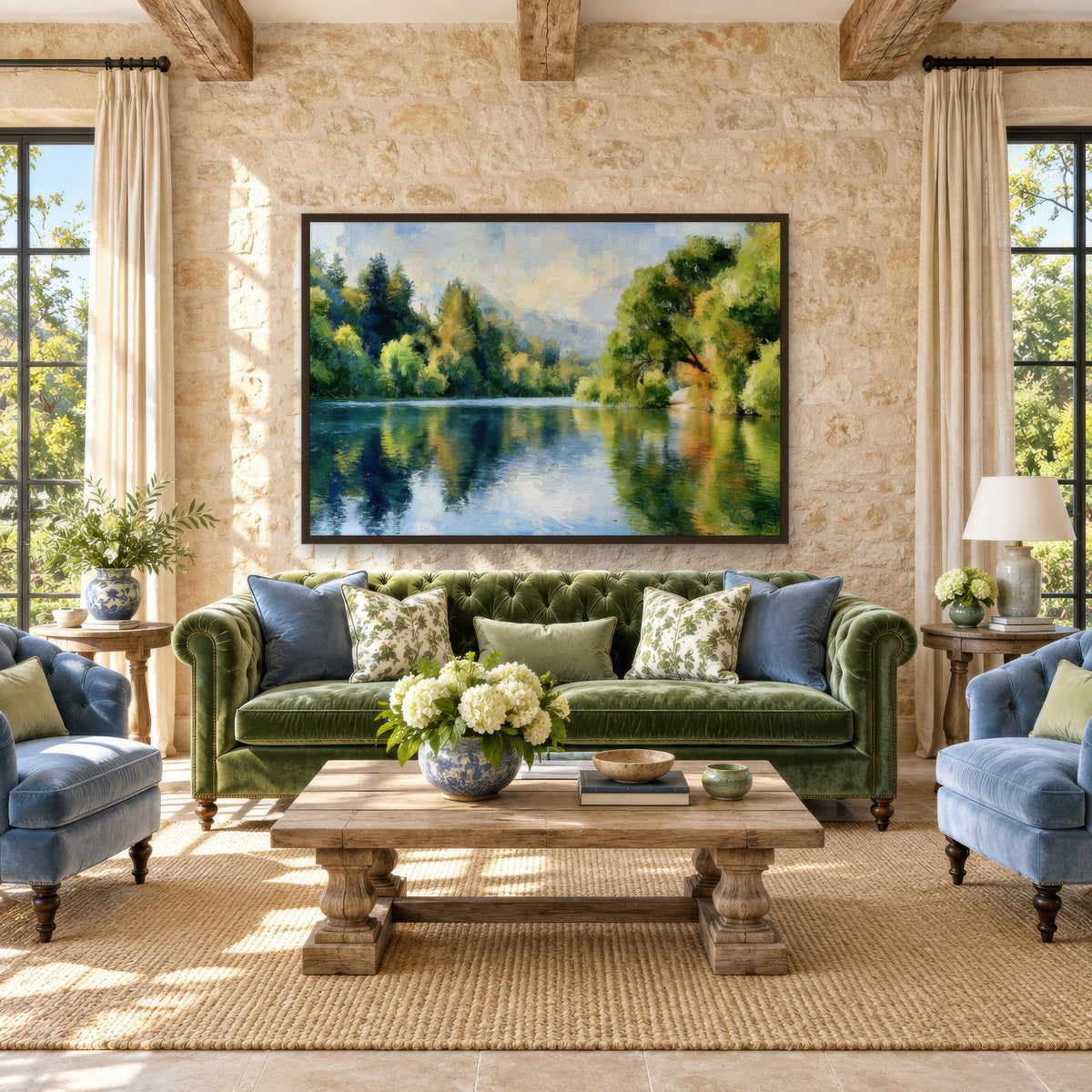 Quiet Lake Reflection impressionist wall art in a living room