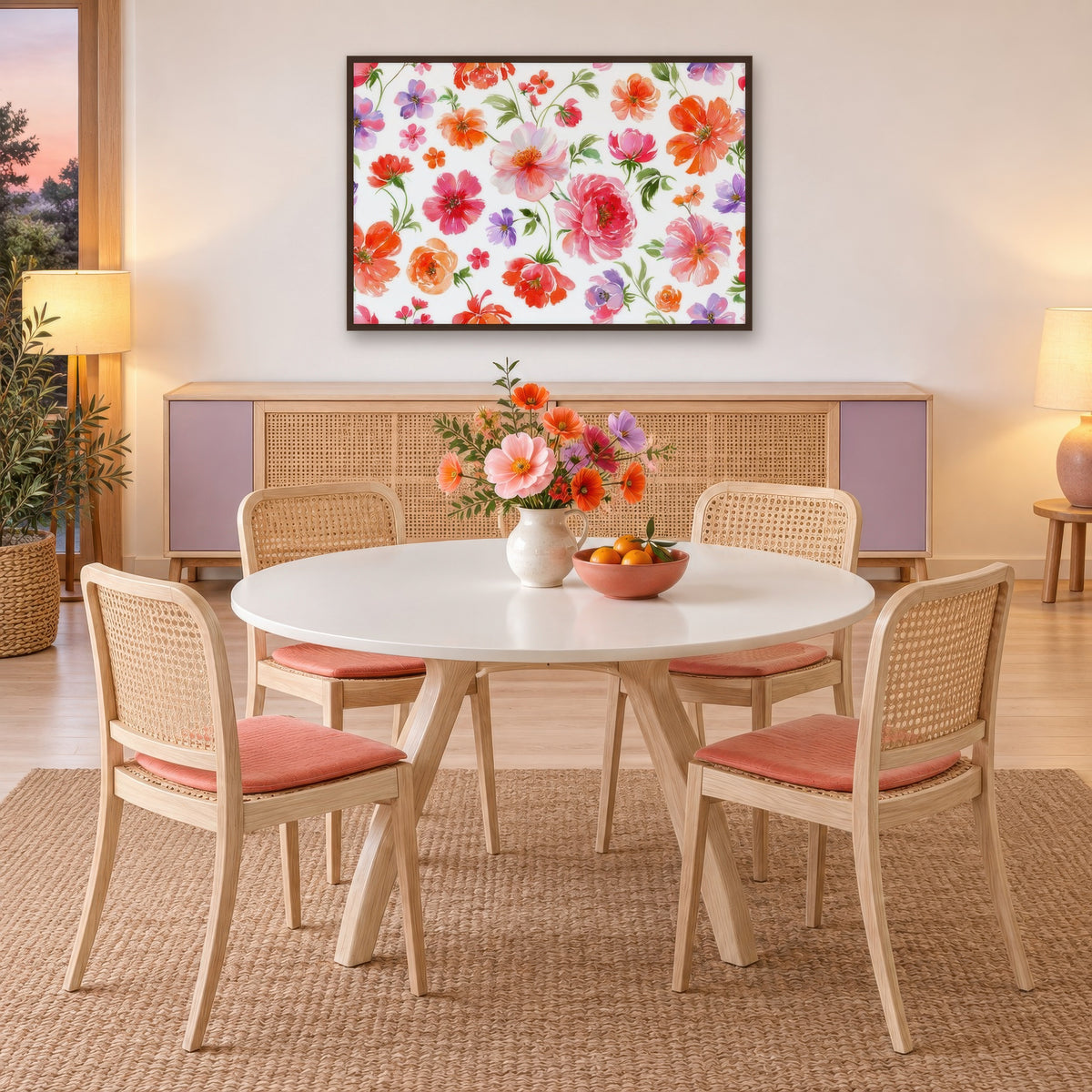 Bright Multicolor Floral Pattern watercolor floral wall art in a dining room