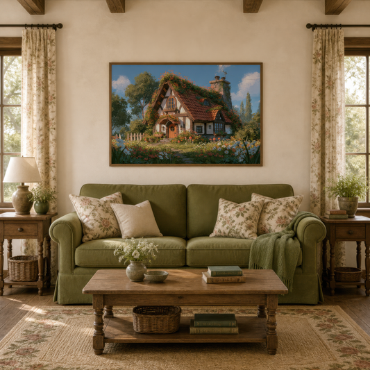 Red tile roof cottage above a sage green sofa with floral pillows and a wooden coffee table