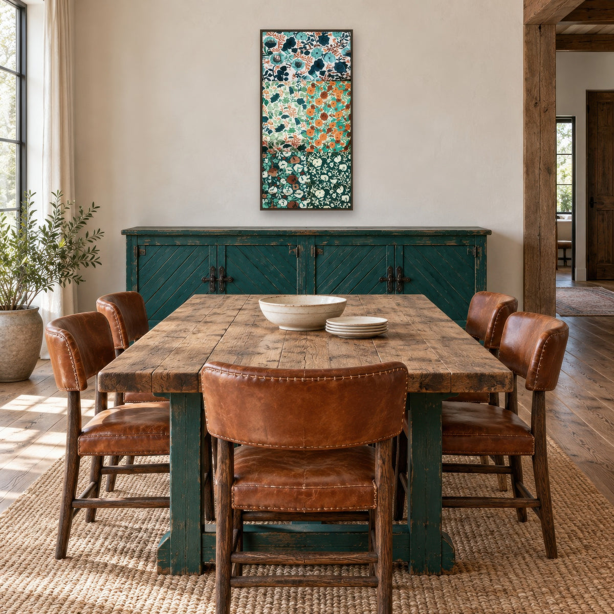 Teal and Rust Floral Patchwork – Vintage Illustration Wall Art