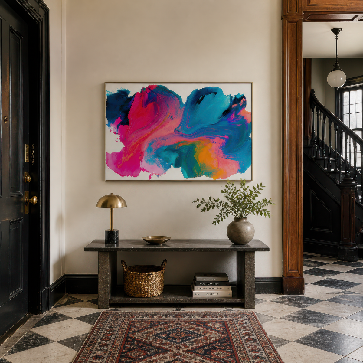 Vivid color bloom above a dark console in an entryway with a checkerboard floor