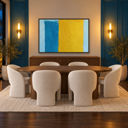 Blue and Yellow Color Block Abstract wall art in a dining room