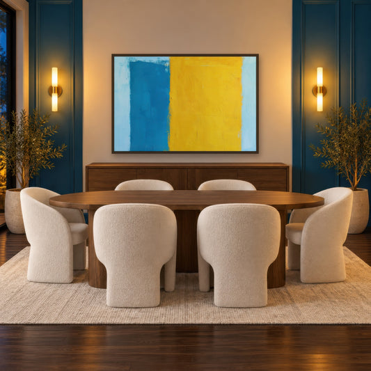 Blue and Yellow Color Block Abstract wall art in a dining room