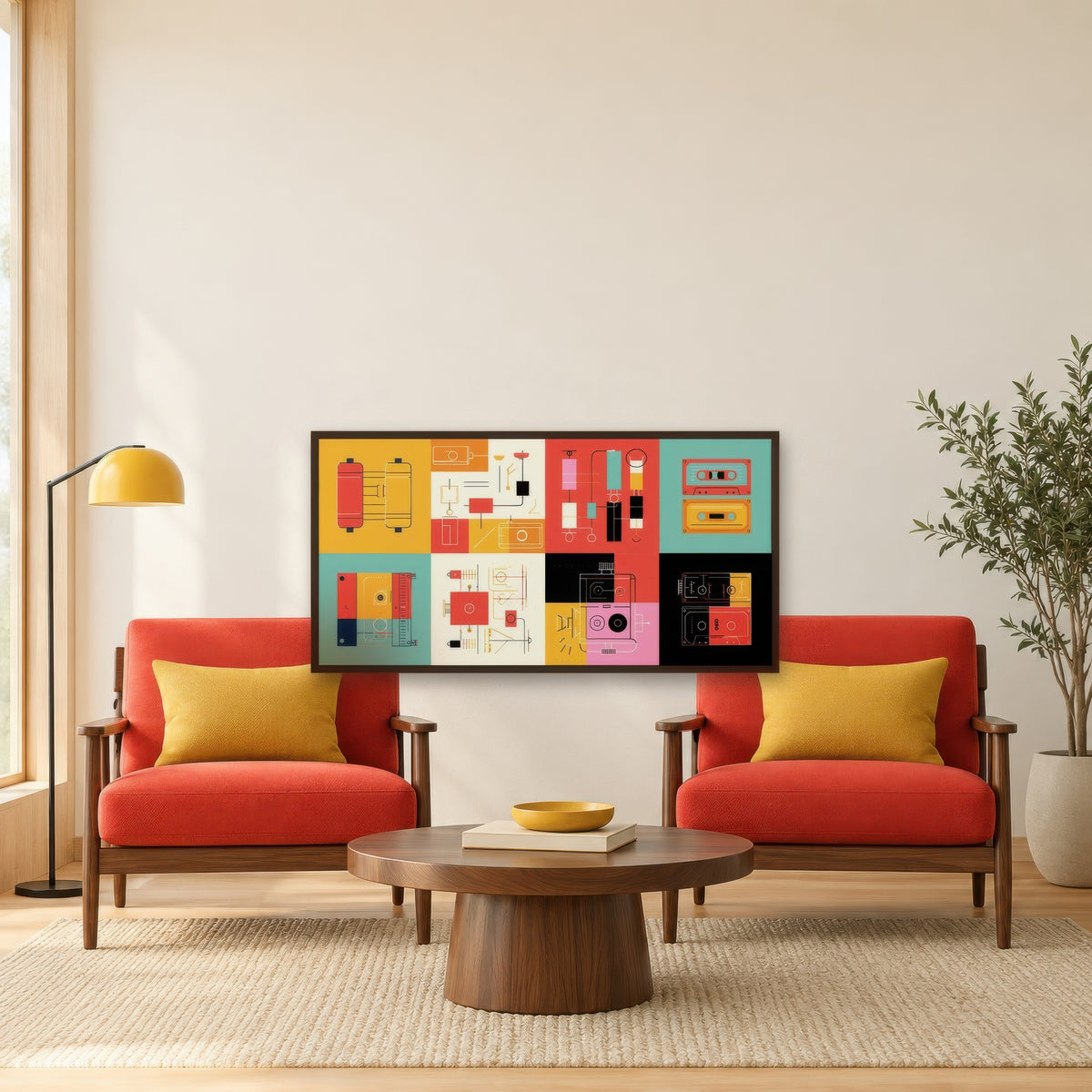 Retro Gadgets Grid Illustration mid-century modern wall art in a den