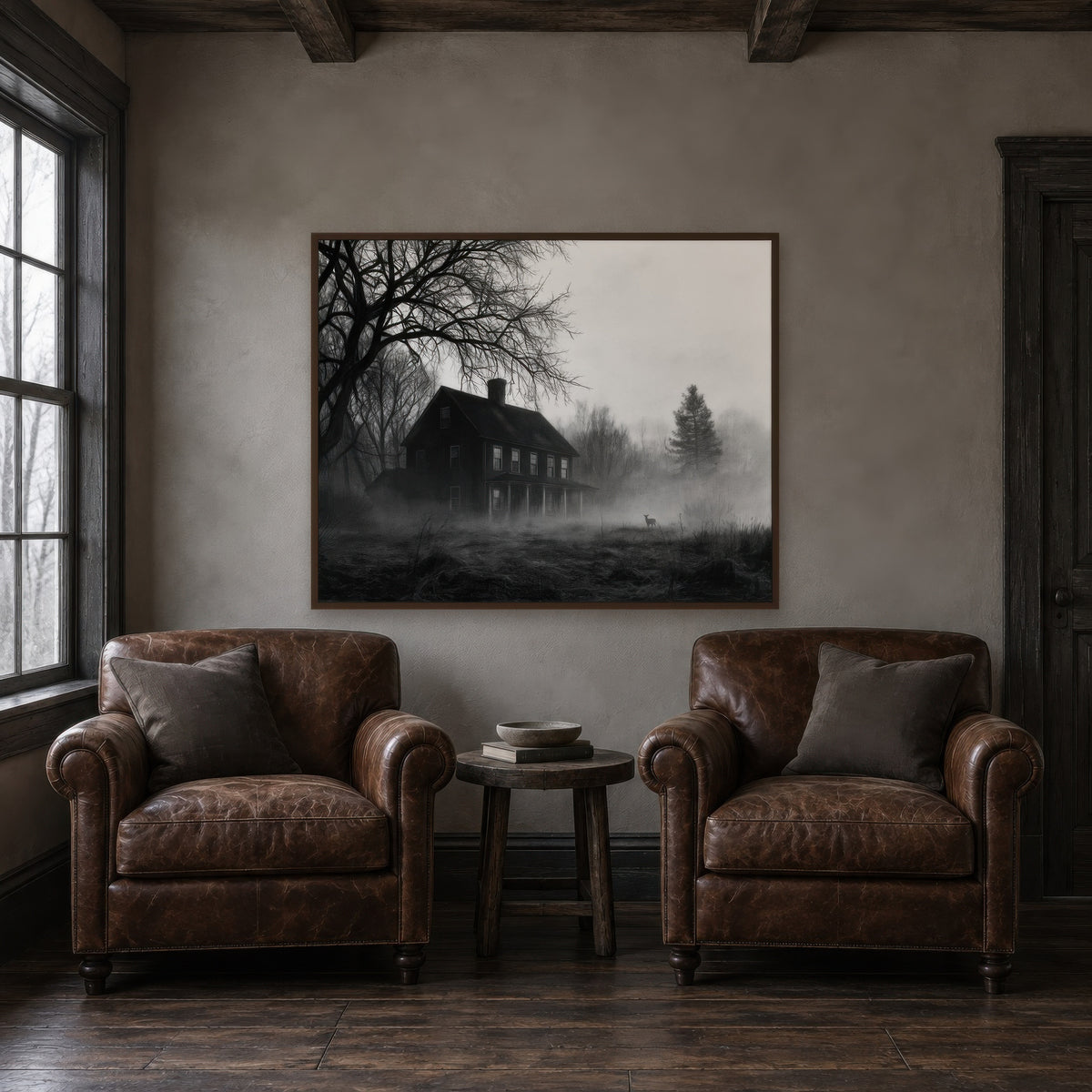 Foggy Farmhouse at Dusk farmhouse wall art in a den