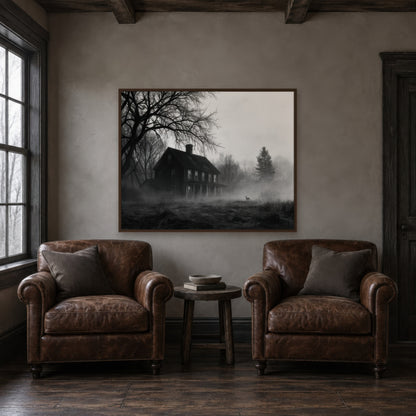 Foggy Farmhouse at Dusk farmhouse wall art in a den