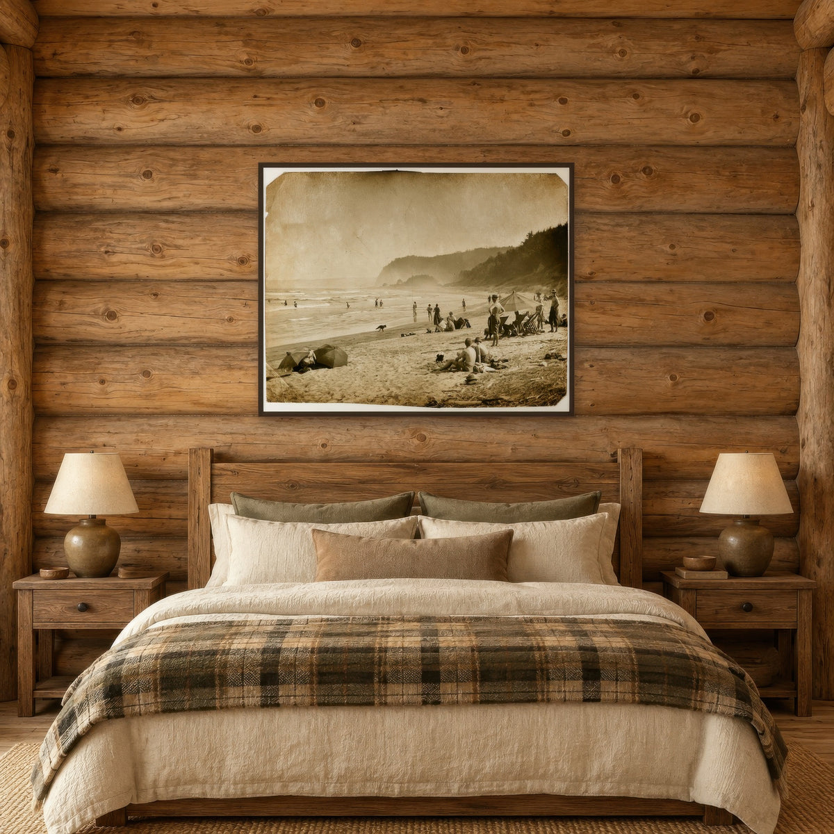 Vintage Style Sepia Beach Scene landscape wall art in a bedroom
