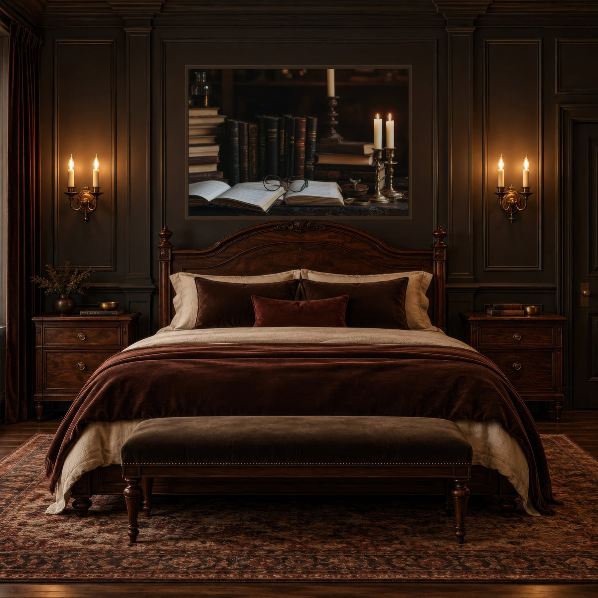 Candlelit Folio dark academia wall art in a bedroom