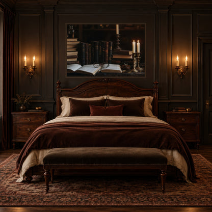 Candlelit Folio dark academia wall art in a bedroom