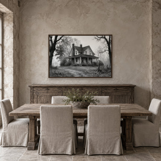 Foggy Farmhouse Road farmhouse wall art in a dining room
