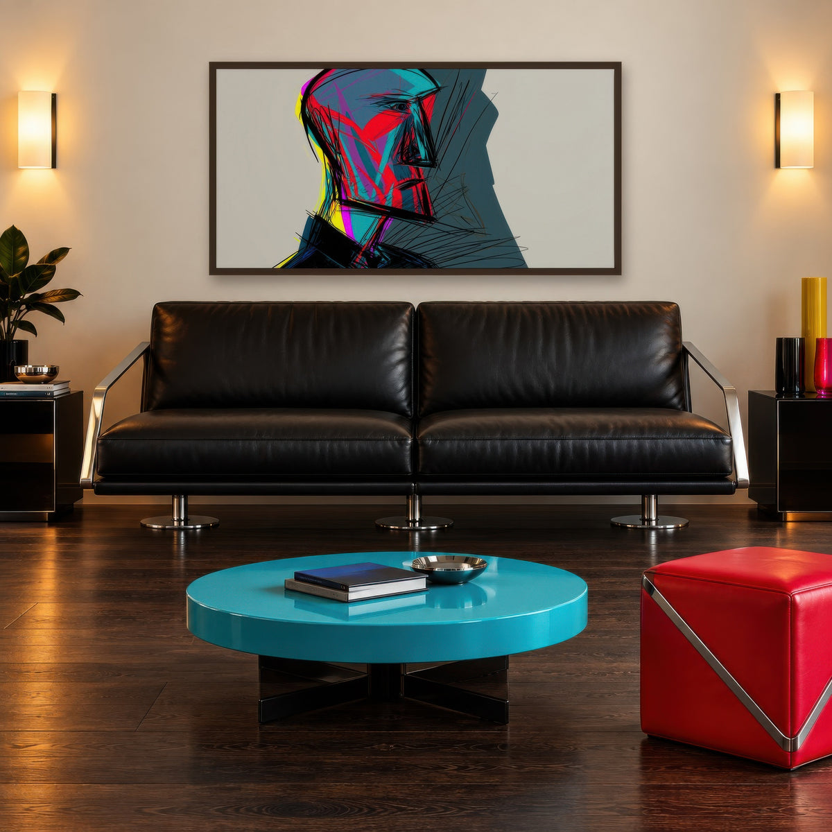 Red and Teal Profile Sketch – Abstract Portrait Wall Art