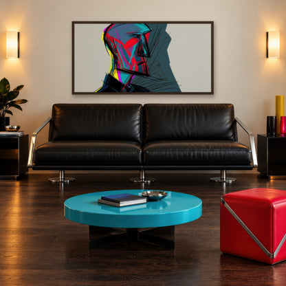 Red and Teal Profile Sketch abstract portrait wall art in a living room