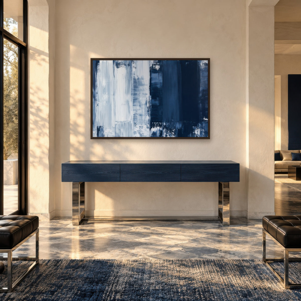 Navy and White Block Abstract wall art in an entryway