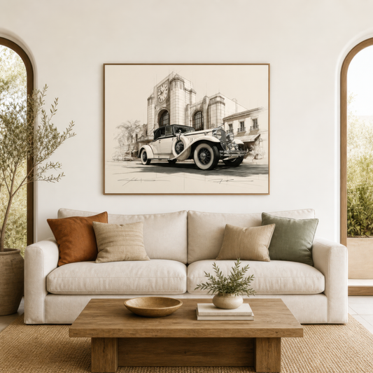 Amber motorcar sketch above a cream sofa with rust and sage pillows beside an arched window
