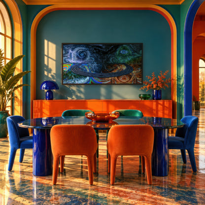 Feel Good Fractal psychedelic wall art in a dining room