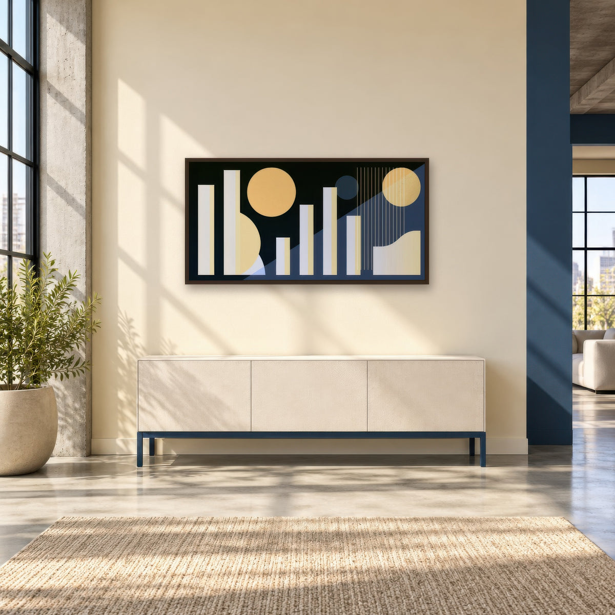 Geometric Suns and Bars Abstract wall art in an entryway