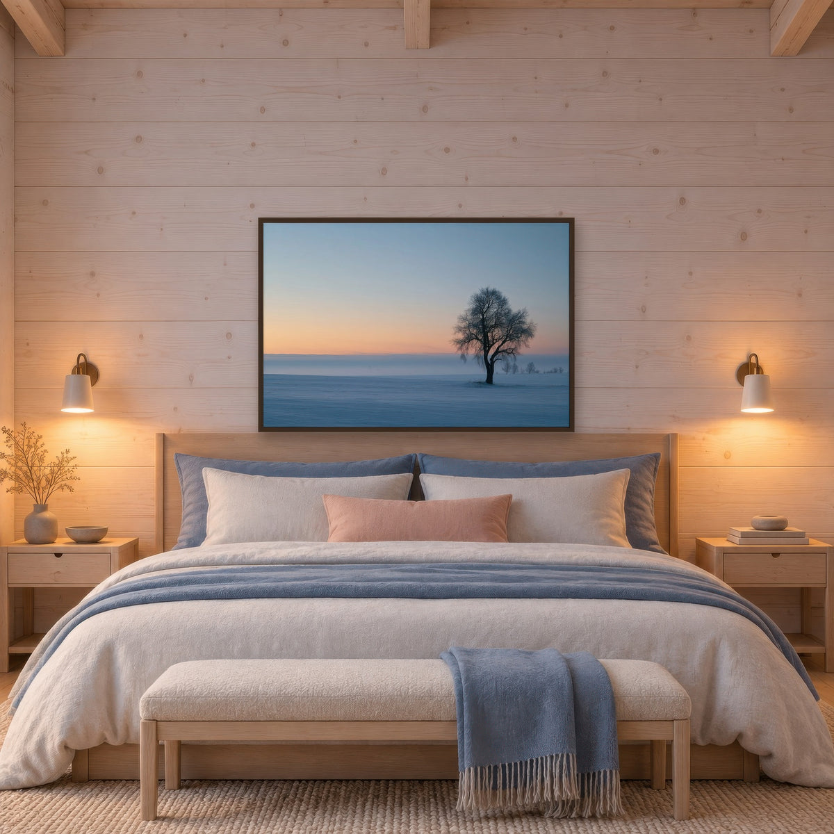 Soft Grey Horizon scandinavian wall art in a bedroom