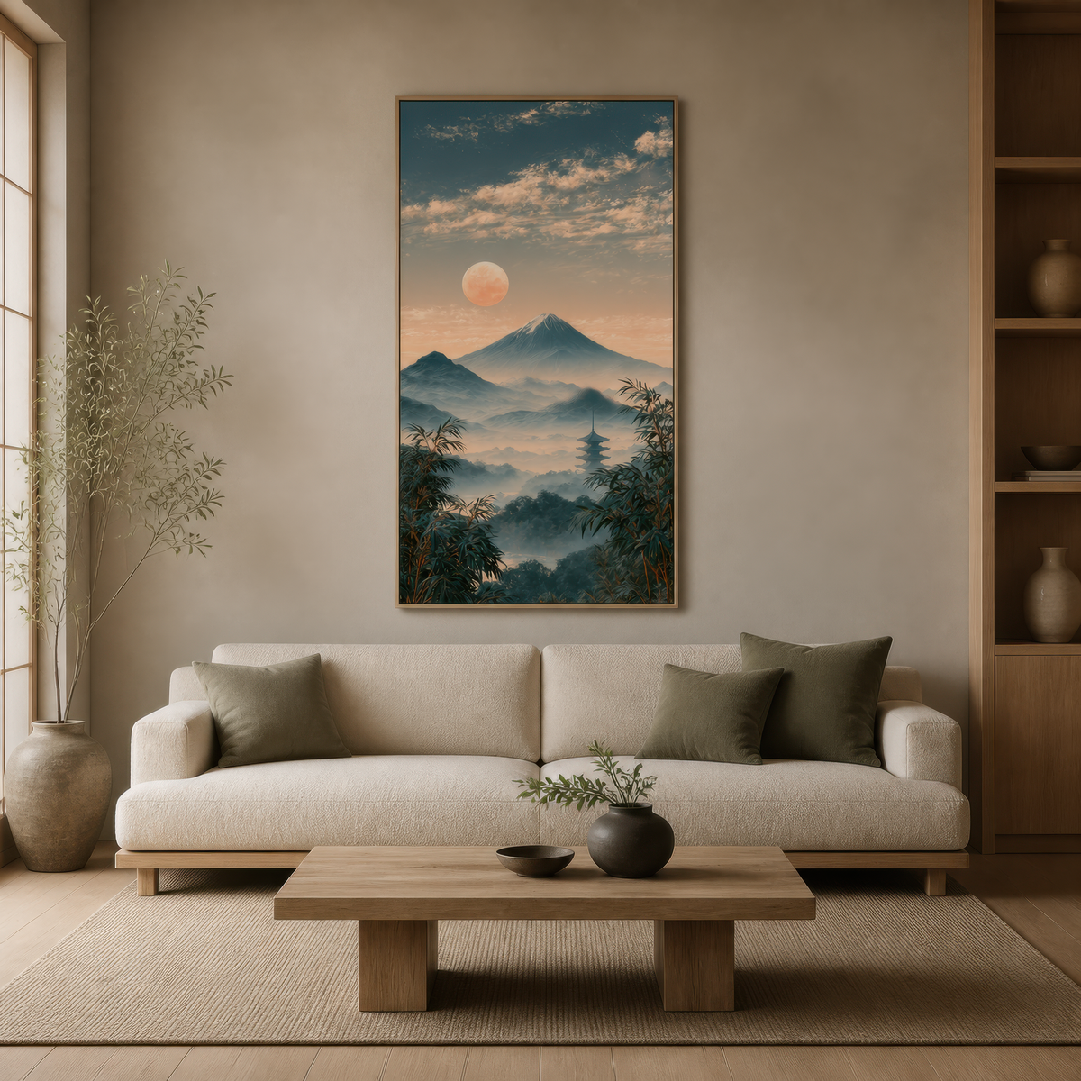 Misty Mount Fuji landscape above a cream sofa with a pale wood plinth coffee table