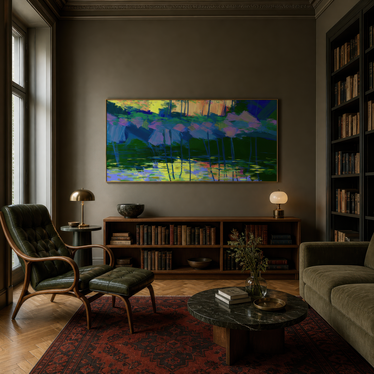 Pink blossom pond above an olive green sofa in a dark green room with bookshelves and a leather chair