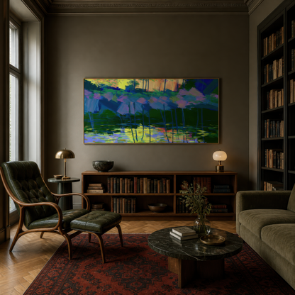 Pink blossom pond above an olive green sofa in a dark green room with bookshelves and a leather chair