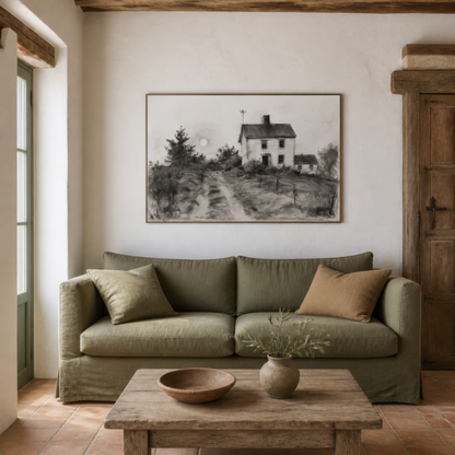 Dusty country road above an olive green sofa on a cream plaster wall with a carved door