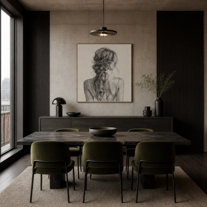Sketch-style braided hair portrait above a dark dining table with olive chairs and a ribbed wall