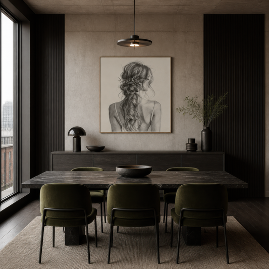 Sketch-style braided hair portrait above a dark dining table with olive chairs and a ribbed wall