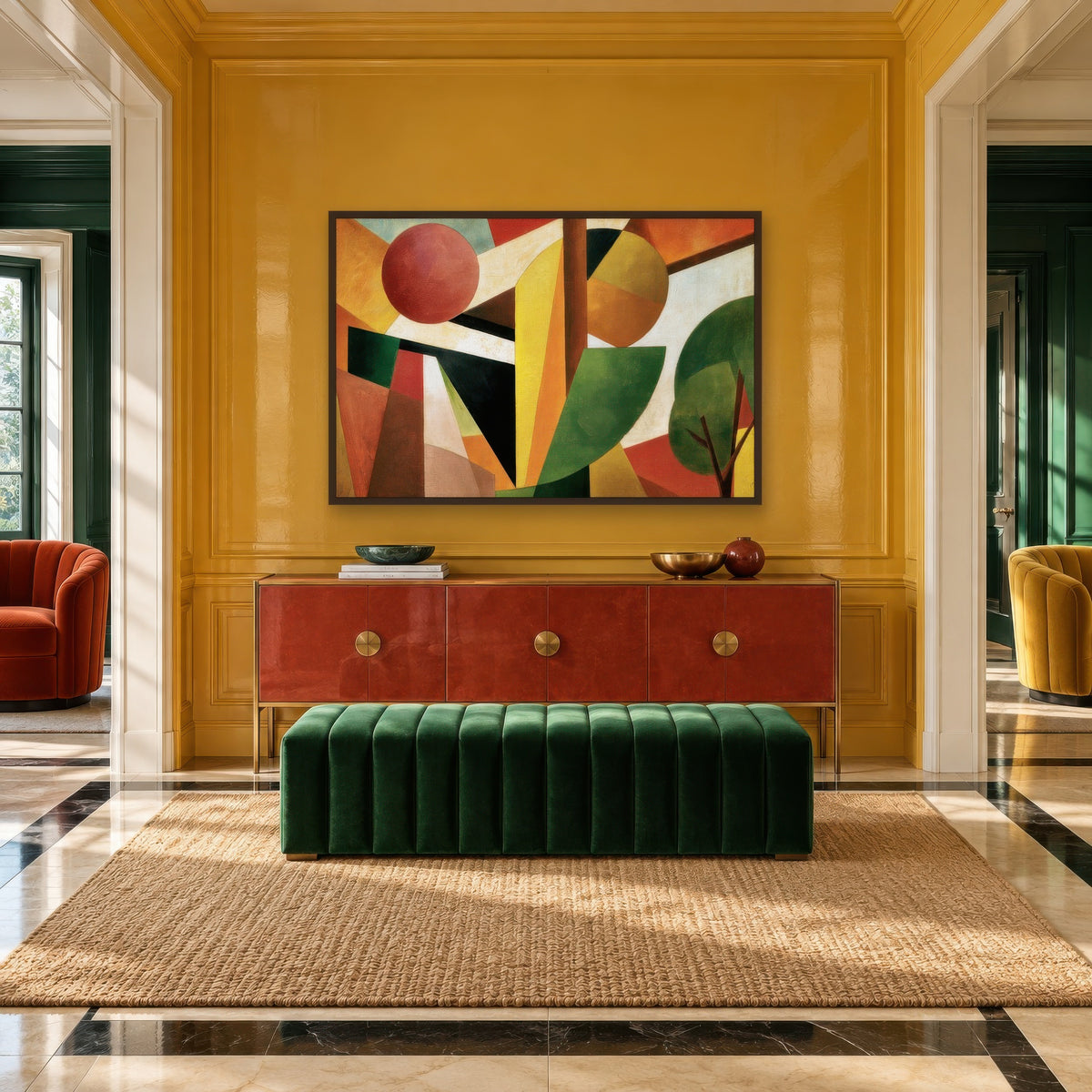 Cubist Sunrise Landscape art deco wall art in an entryway