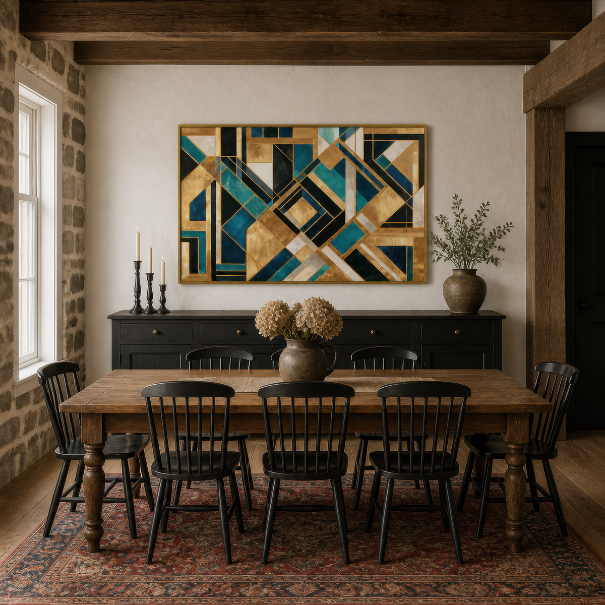 Topaz angle above a black sideboard with candlesticks and a wood table with Windsor chairs