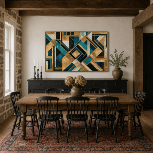 Topaz angle above a black sideboard with candlesticks and a wood table with Windsor chairs