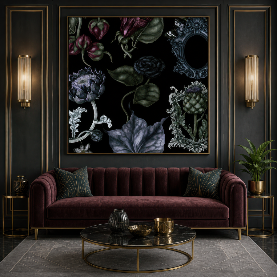 Dark Floral with an Oval Mirror Frame – Vamp Romantic Wall Art