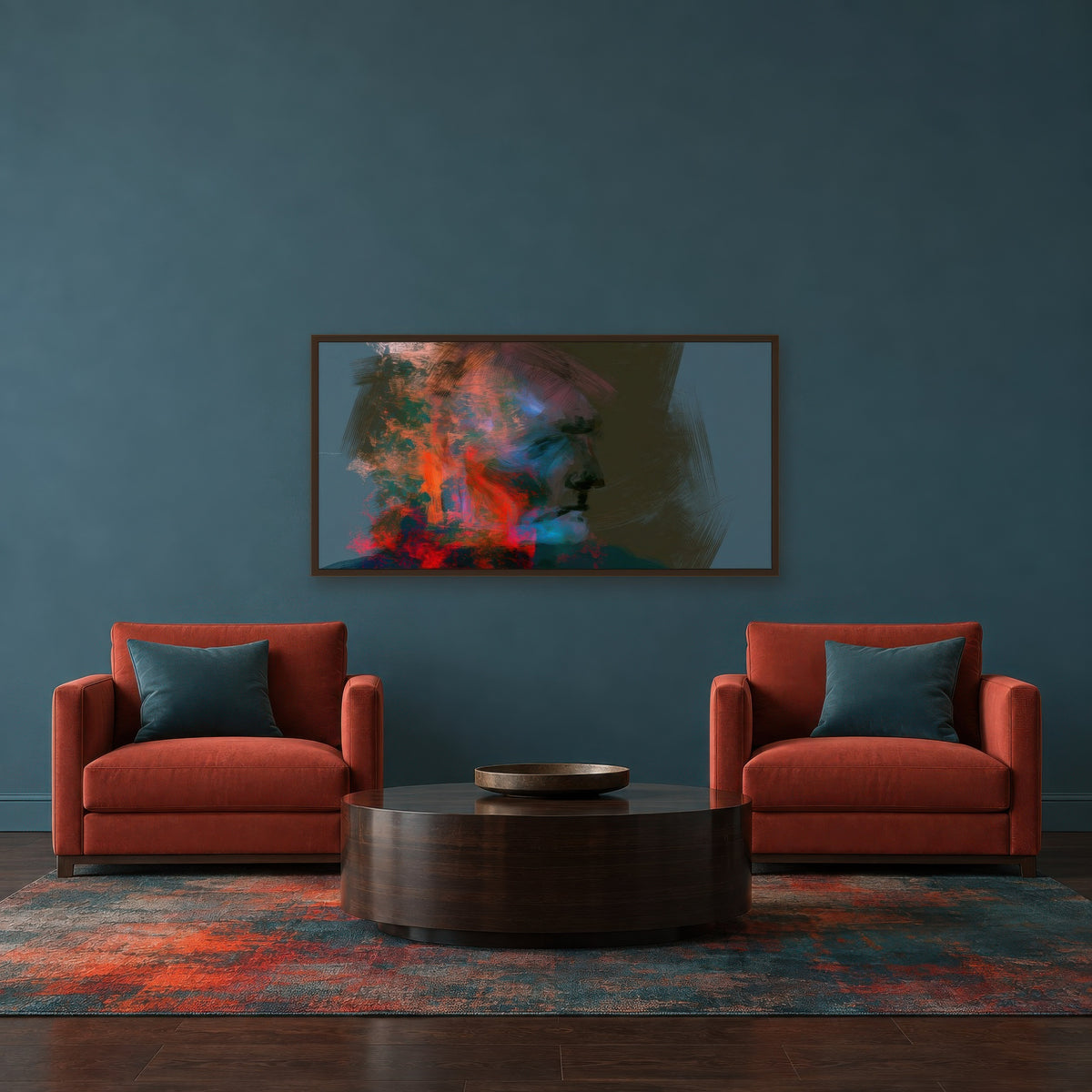 Orange and Teal Profile abstract portrait wall art in a den