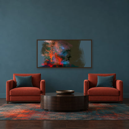 Orange and Teal Profile abstract portrait wall art in a den