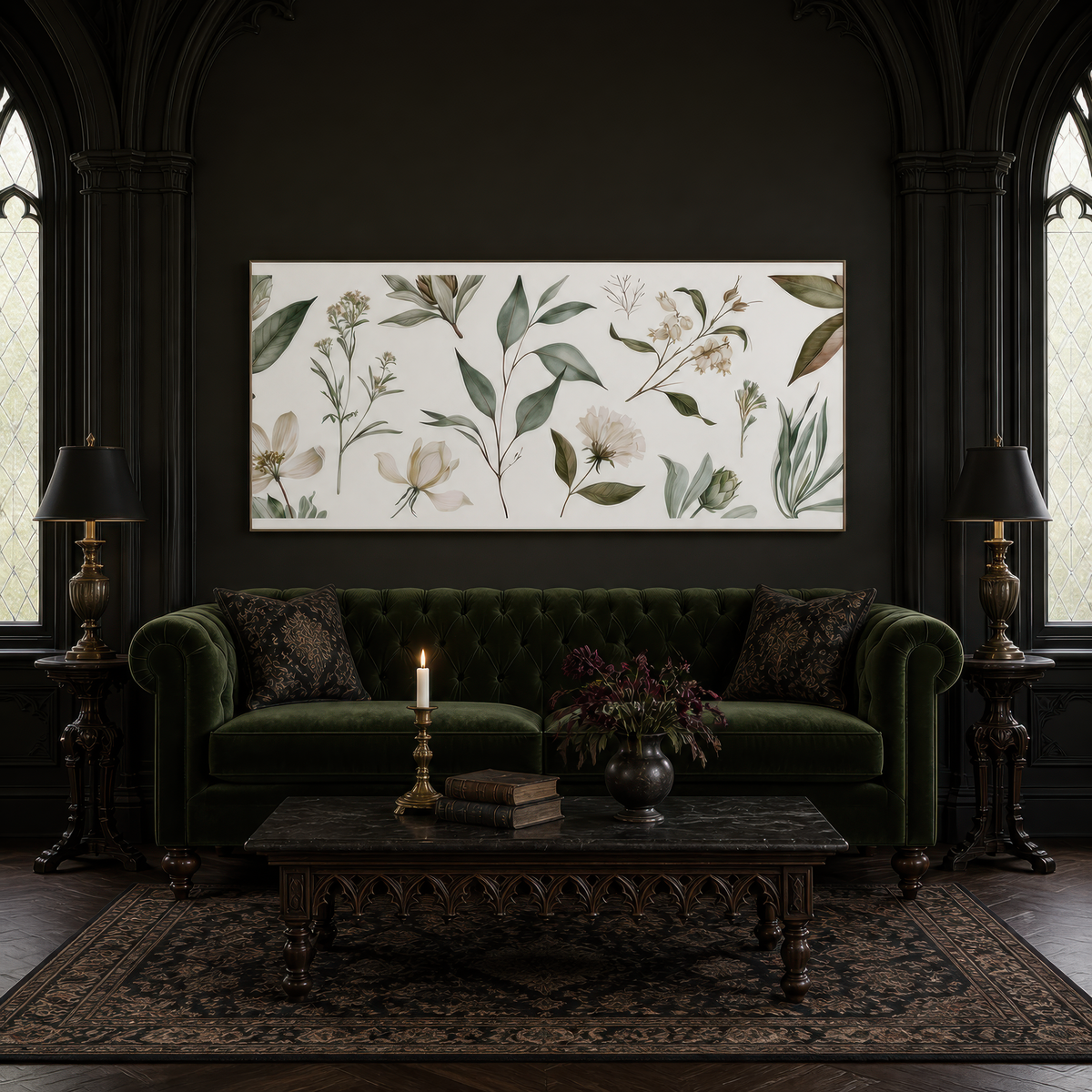 Cream Blossoms and Green Leaf Sprigs wall art print, alternate room view