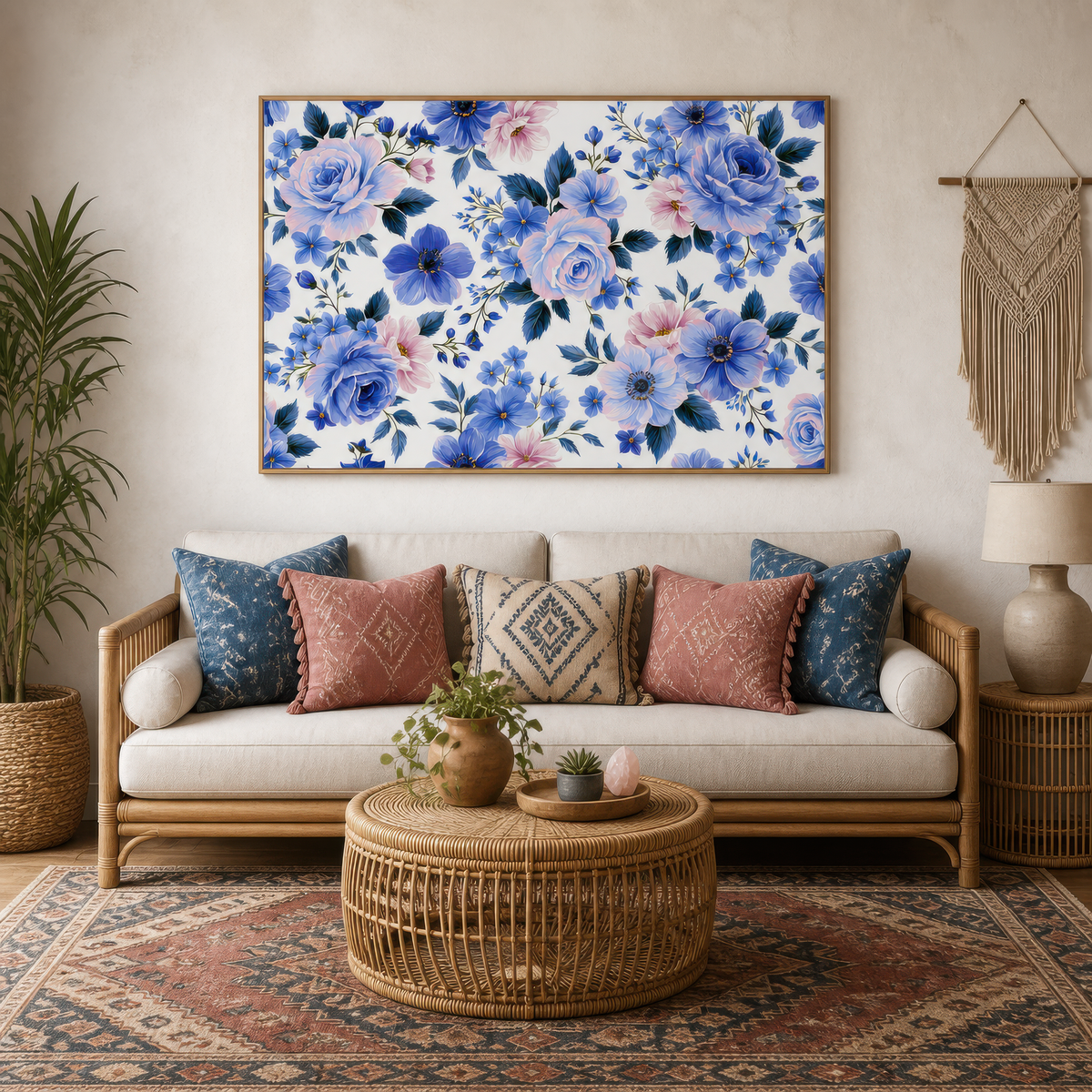 Blue and Pink Rose Pattern wall art print staged in a room