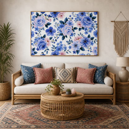 Blue and Pink Rose Pattern wall art print staged in a room