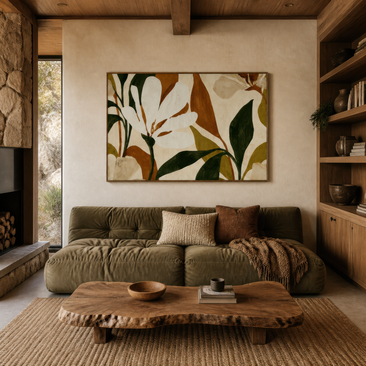 White magnolia artwork above an olive modular sofa beside a stone fireplace and bookshelves